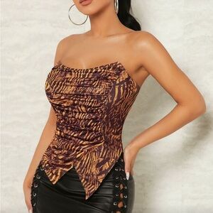 SHEIN Brown and Black Animal Print Strapless Blouse